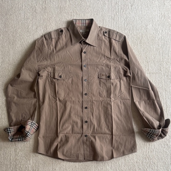 Burberry Other - Authentic BURBERRY LONDON Tan Shirt with Plaid Collar and Cuffs size M